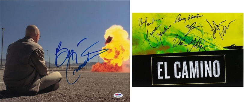 Lot of (2) "Breaking Bad" and "El Camino" Signed Photos with a Bryan Cranston Signed 11x14" Photo and an "El Camino" Cast Signed 8x12" Photo with 6 Signatures Including Aaron Paul (PSA/DNA & JSA)